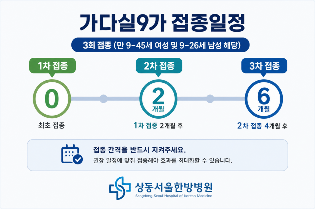 부천 상동 서울한방병원에서 접종 가능한 가다실9가의 접종주기를 설명하는 인포그래픽 이미지
